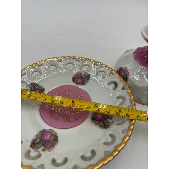 Vintage Porcelain Teacup & Saucer Set With Gold Trim & Romantic Scene Design - Picture 5 of 8